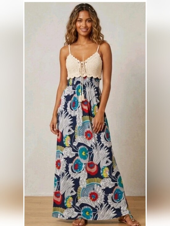 Dresses & Skirts - Crochet Maxi Sun Dress Tan Blue Empire Waist Cottagecore Boho Festival Fairy M